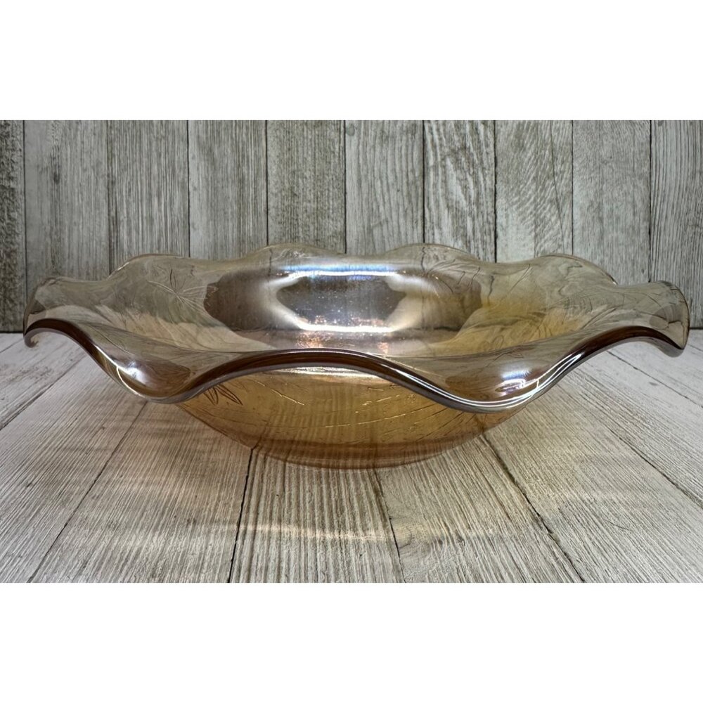 Vintage Jeanette Carniva Glass Bowl Ruffled Iridescent Marigold 1950’s 9.5"